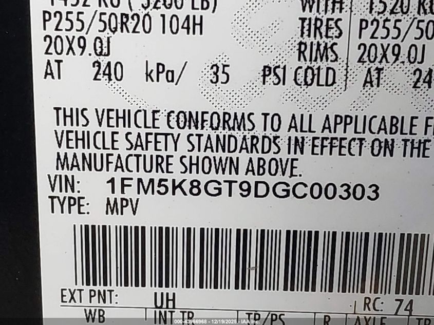 2013 Ford Explorer Sport VIN: 1FM5K8GT9DGC00303 Lot: 43966968