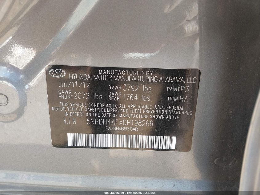 2013 Hyundai Elantra Gls/Limited VIN: 5NPDH4AEXDH198266 Lot: 43966969