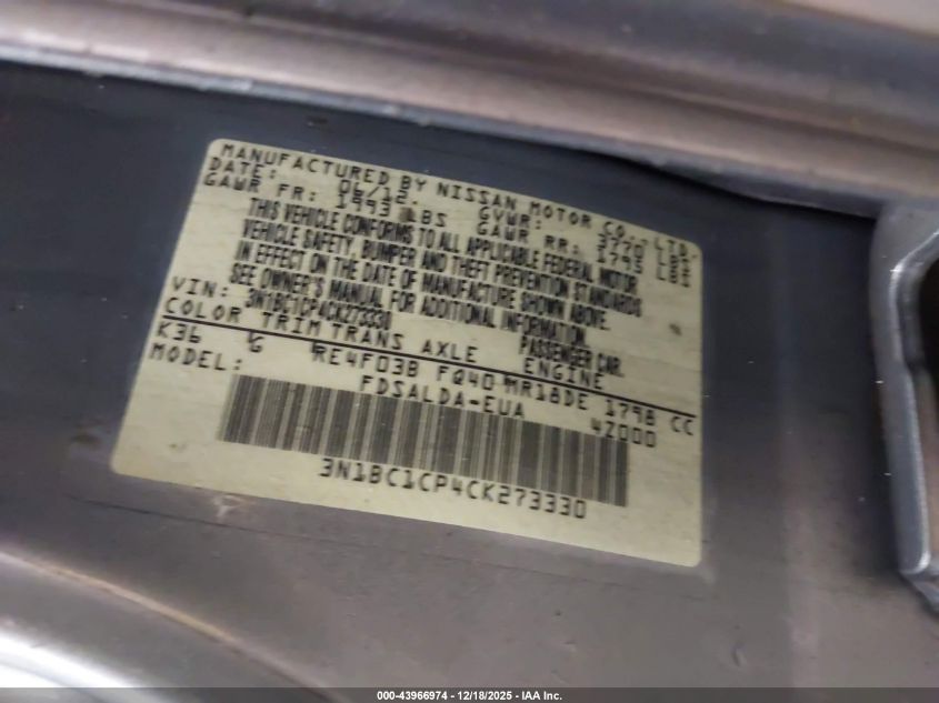 2012 Nissan Versa 1.8 S VIN: 3N1BC1CP4CK273330 Lot: 43966974