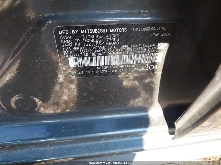 2024 Mitsubishi Mirage G4 Black Edition/Es/Le VIN: ML32FUFJ7RHF11496 Lot: 43966975