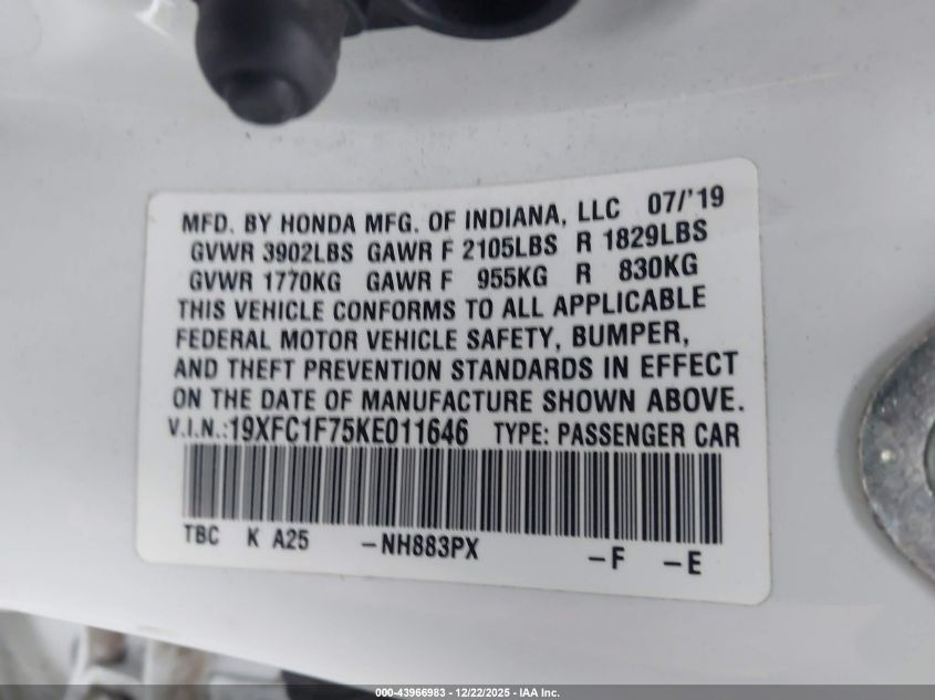 2019 Honda Civic Ex-L VIN: 19XFC1F75KE011646 Lot: 43966983