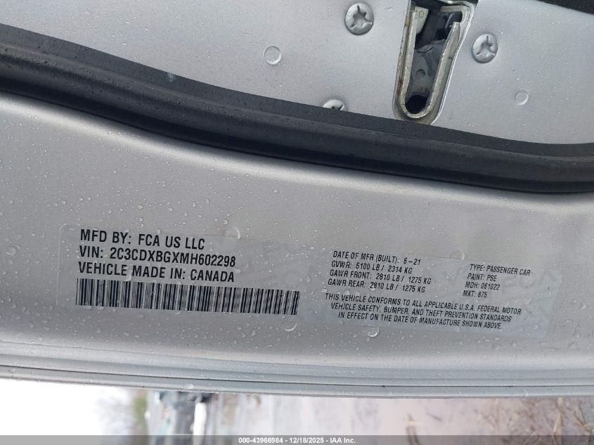 2021 Dodge Charger Sxt Rwd VIN: 2C3CDXBGXMH602298 Lot: 43966984