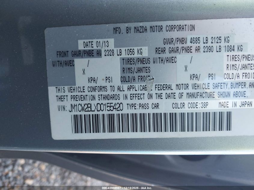 2013 Mazda Mazda5 Sport VIN: JM1CW2BLXD0155420 Lot: 43966987