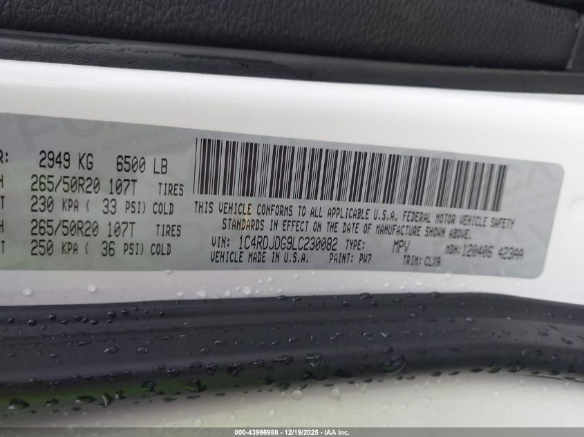 2020 Dodge Durango Gt Plus Awd VIN: 1C4RDJDG9LC230082 Lot: 43966988