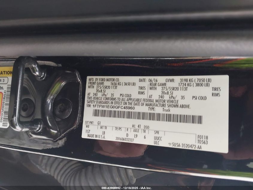 2016 Ford F-150 Lariat VIN: 1FTFW1EG0GFC45960 Lot: 43966992