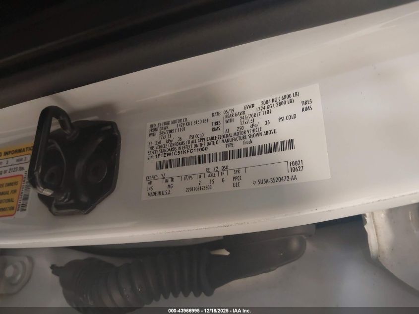 2019 Ford F-150 Xlt VIN: 1FTEW1C51KFC11080 Lot: 43966995