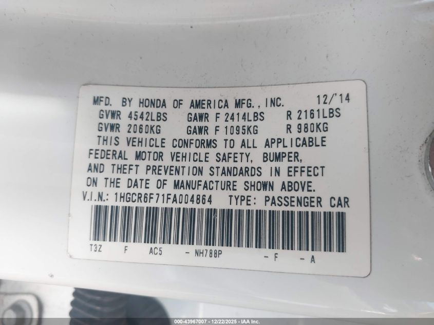 2015 Honda Accord Hybrid Touring VIN: 1HGCR6F71FA004864 Lot: 43967007