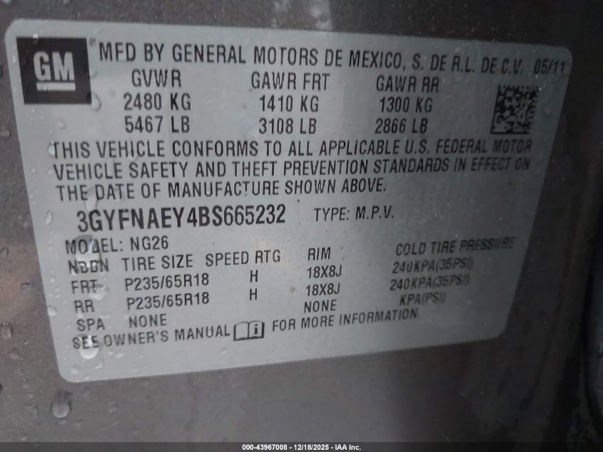 2011 Cadillac Srx Luxury Collection VIN: 3GYFNAEY4BS665232 Lot: 43967008