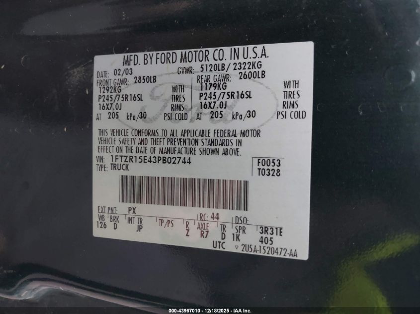2003 Ford Ranger Xlt VIN: 1FTZR15E43PB02744 Lot: 43967010