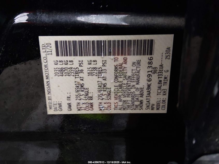 2021 Nissan Rogue S Fwd VIN: 5N1AT3AA9MC691386 Lot: 43967013