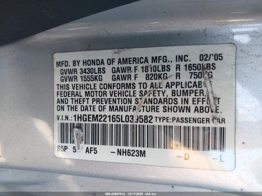 2005 Honda Civic Vp VIN: 1HGEM22165L039582 Lot: 43967014