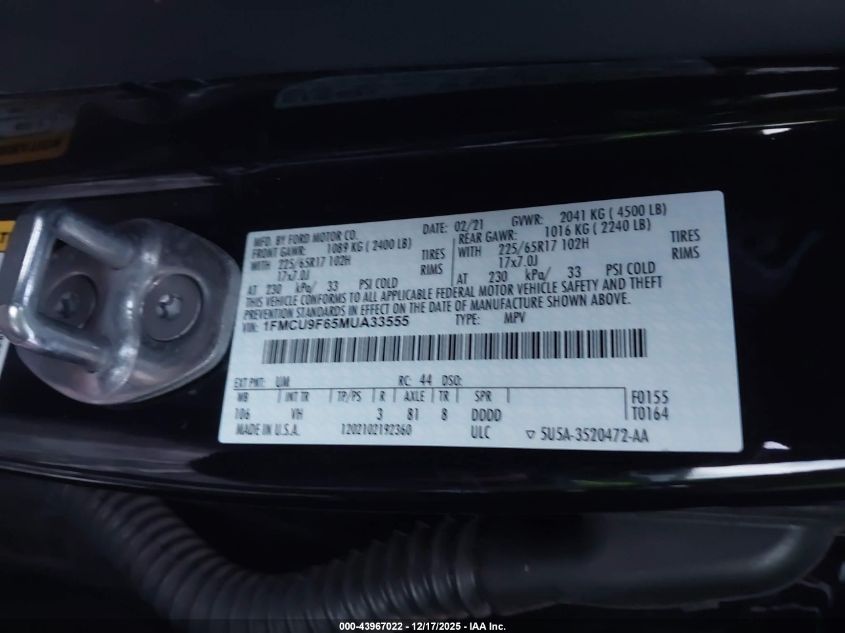 2021 Ford Escape S VIN: 1FMCU9F65MUA33555 Lot: 43967022