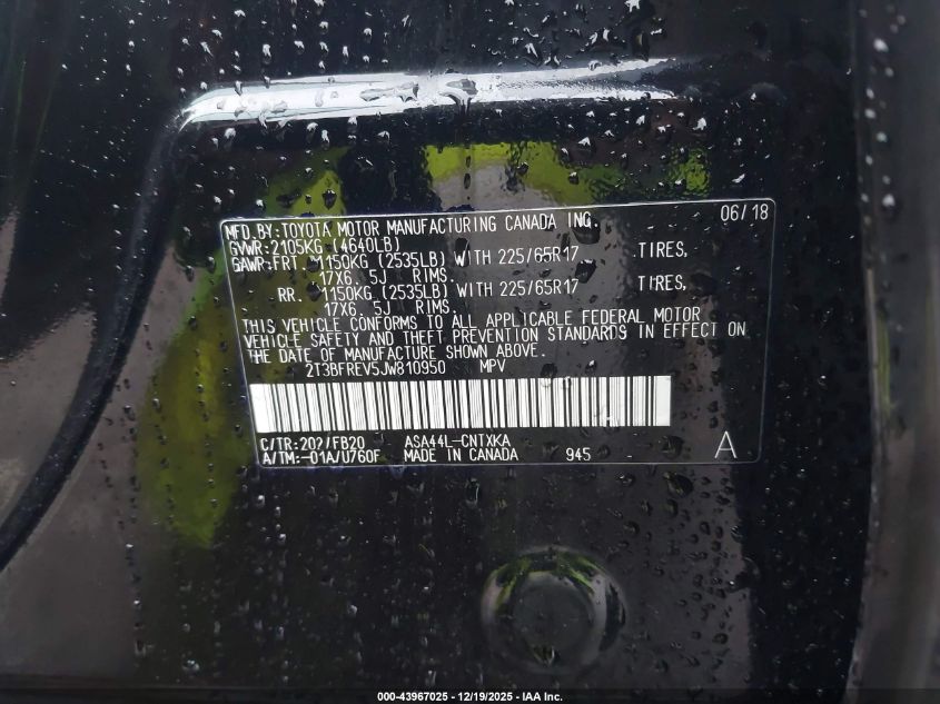 2018 Toyota Rav4 Le VIN: 2T3BFREV5JW810950 Lot: 43967025