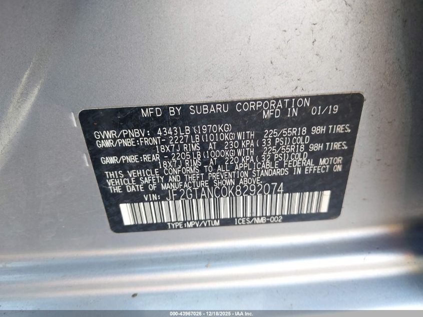2019 Subaru Crosstrek 2.0I Limited VIN: JF2GTANC0K8292074 Lot: 43967026