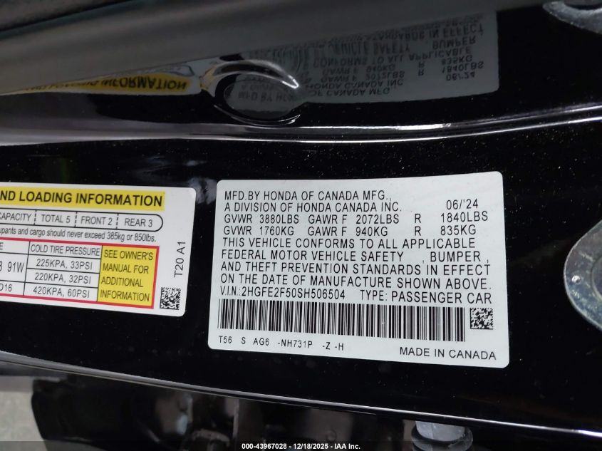 2025 Honda Civic Sport VIN: 2HGFE2F50SH506504 Lot: 43967028