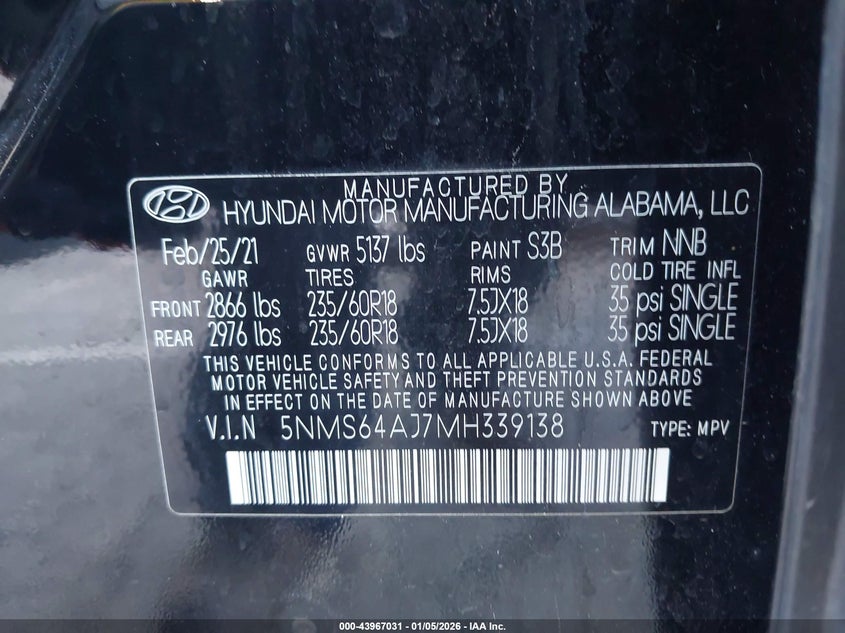2021 Hyundai Santa Fe Sel VIN: 5NMS64AJ7MH339138 Lot: 43967031