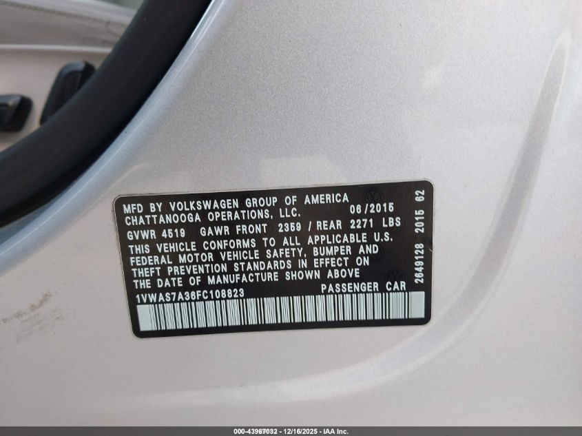 2015 Volkswagen Passat 1.8T Limited Edition VIN: 1VWAS7A36FC108823 Lot: 43967032