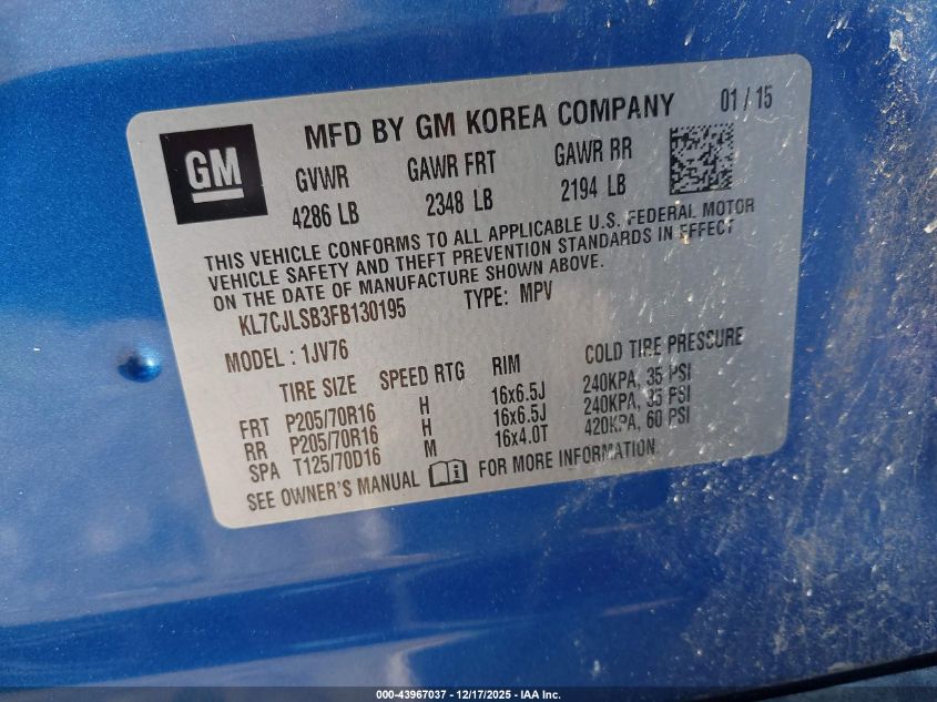 2015 Chevrolet Trax Lt VIN: KL7CJLSB3FB130195 Lot: 43967037