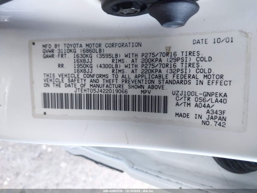 2002 Toyota Land Cruiser VIN: JTEHT05J422019066 Lot: 43967039