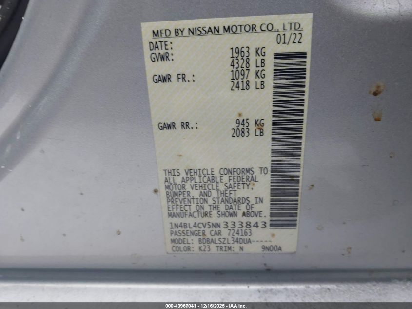 2022 Nissan Altima Sr Fwd VIN: 1N4BL4CV5NN333843 Lot: 43967041