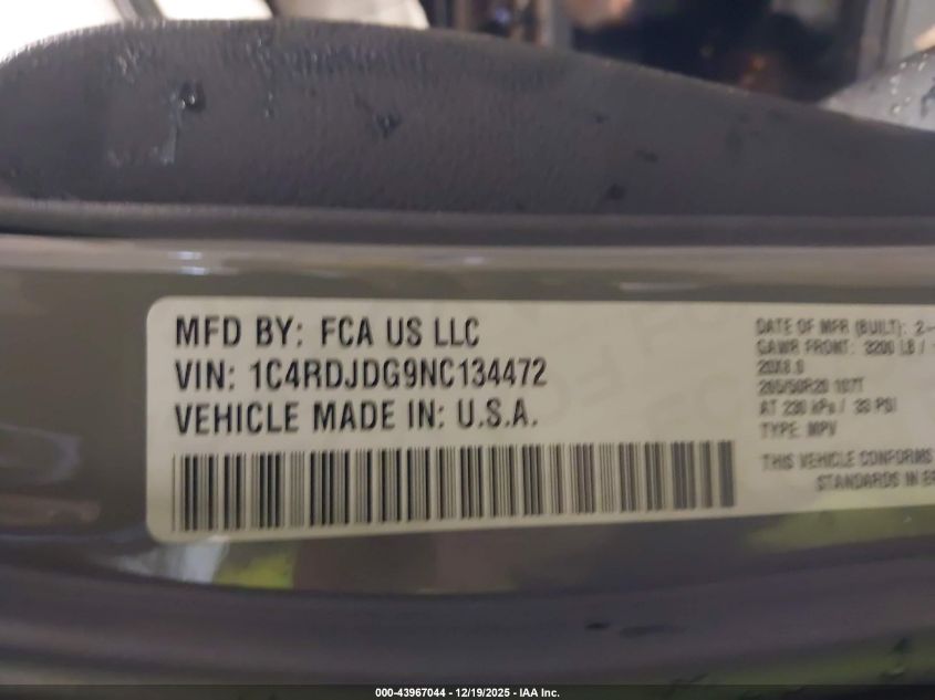 2022 Dodge Durango Gt Awd VIN: 1C4RDJDG9NC134472 Lot: 43967044