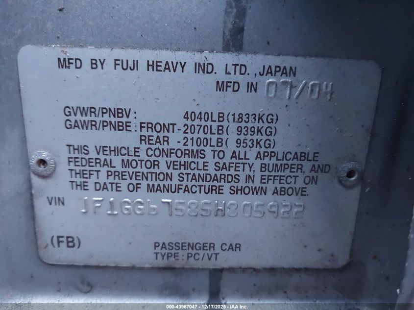 2005 Subaru Impreza 2.5Rs VIN: JF1GG67585H805922 Lot: 43967047