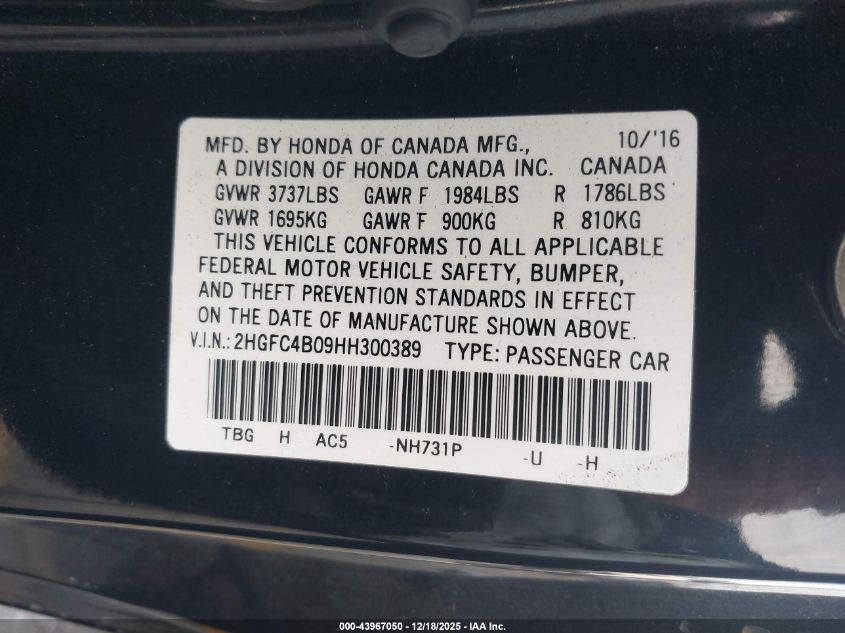 2017 Honda Civic Lx-P VIN: 2HGFC4B09HH300389 Lot: 43967050