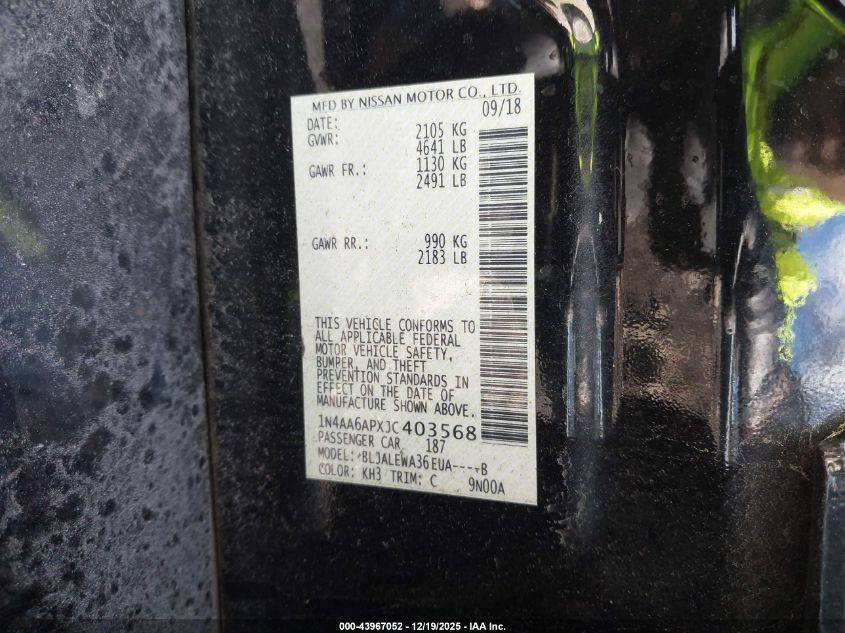 2018 Nissan Maxima 3.5 Sl VIN: 1N4AA6APXJC403568 Lot: 43967052