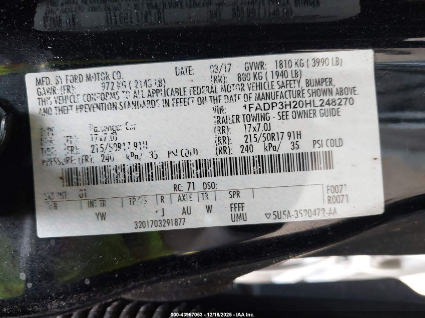 2017 Ford Focus Sel VIN: 1FADP3H20HL248270 Lot: 43967053