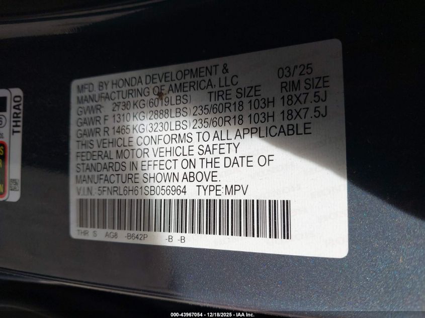 2025 Honda Odyssey Ex-L VIN: 5FNRL6H61SB056964 Lot: 43967054