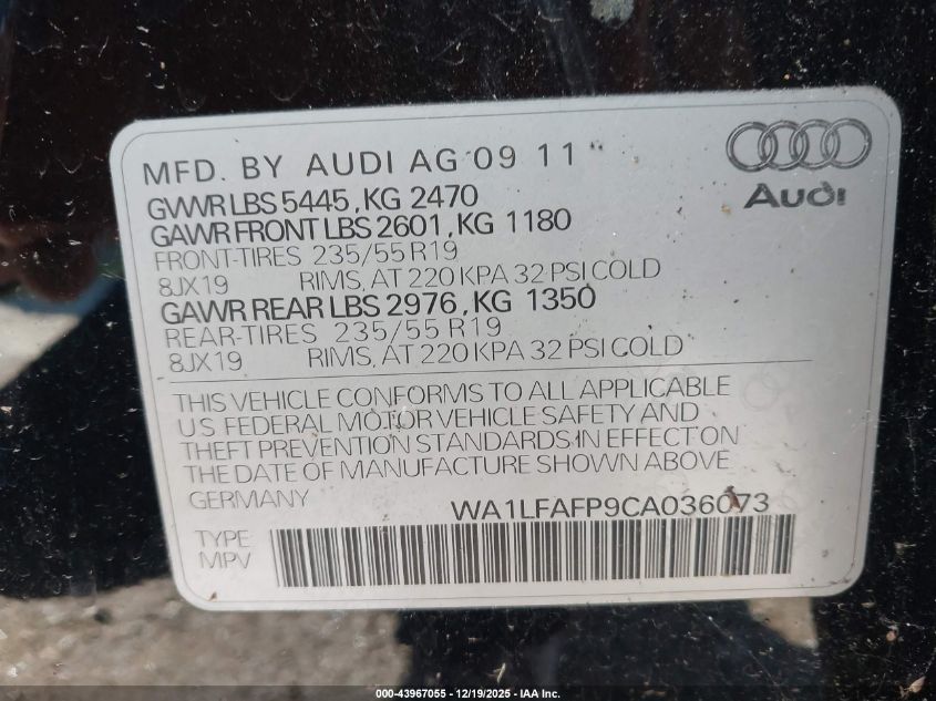 2012 Audi Q5 2.0T Premium VIN: WA1LFAFP9CA036073 Lot: 43967055