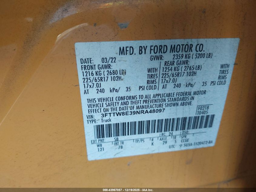 2022 Ford Maverick Xlt VIN: 3FTTW8E39NRA48097 Lot: 43967057