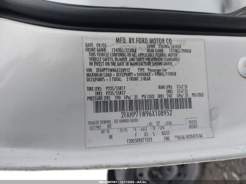 2006 Ford Crown Victoria Police/Police Interceptor VIN: 2FAHP71W96X108952 Lot: 43967061