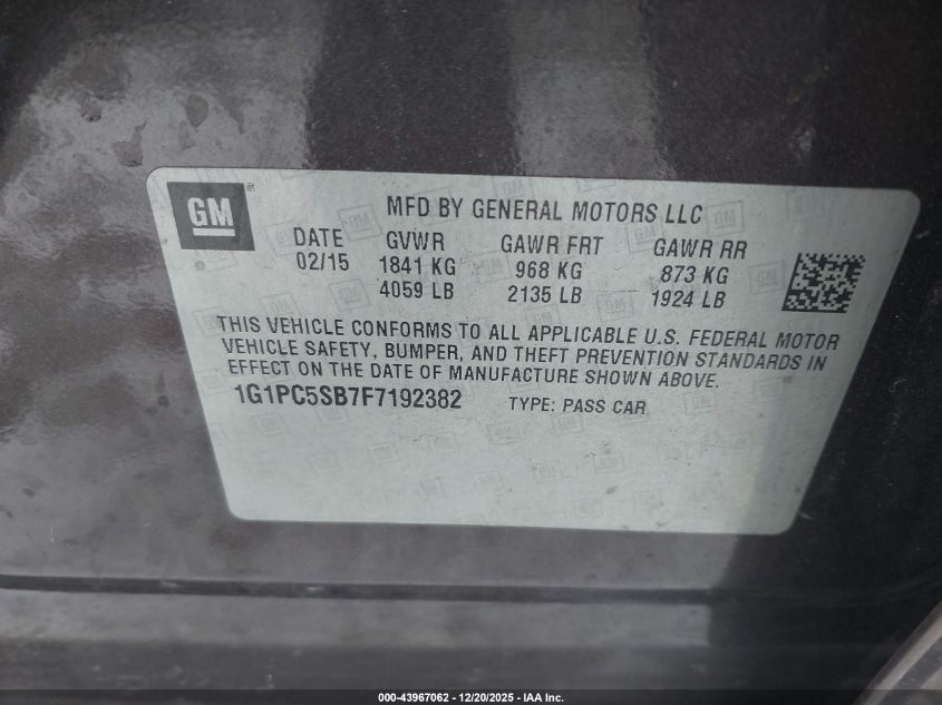 2015 Chevrolet Cruze 1Lt Auto VIN: 1G1PC5SB7F7192382 Lot: 43967062