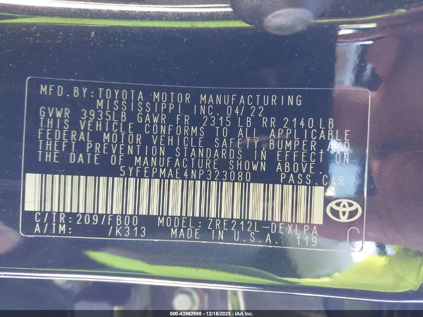 2022 Toyota Corolla Le VIN: 5YFEPMAE4NP323080 Lot: 43967065