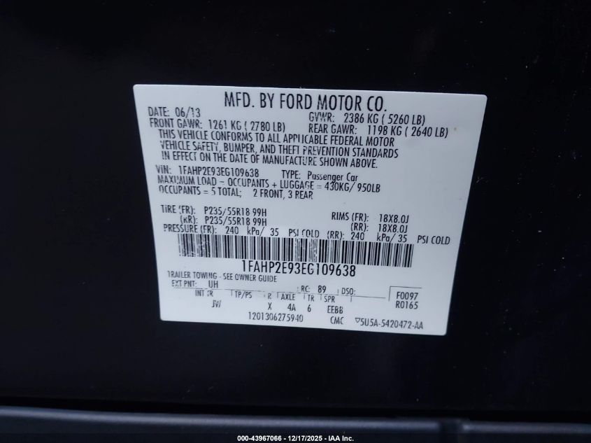 2014 Ford Taurus VIN: 1EAHP2E93EG109638 Lot: 43967066