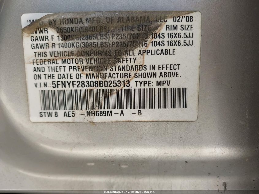 2008 Honda Pilot Se VIN: 5FNYF28308B025313 Lot: 43967071