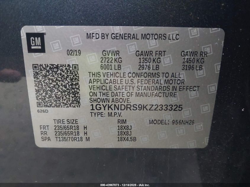 2019 Cadillac Xt5 Luxury VIN: 1GYKNDRS9KZ233325 Lot: 43967073