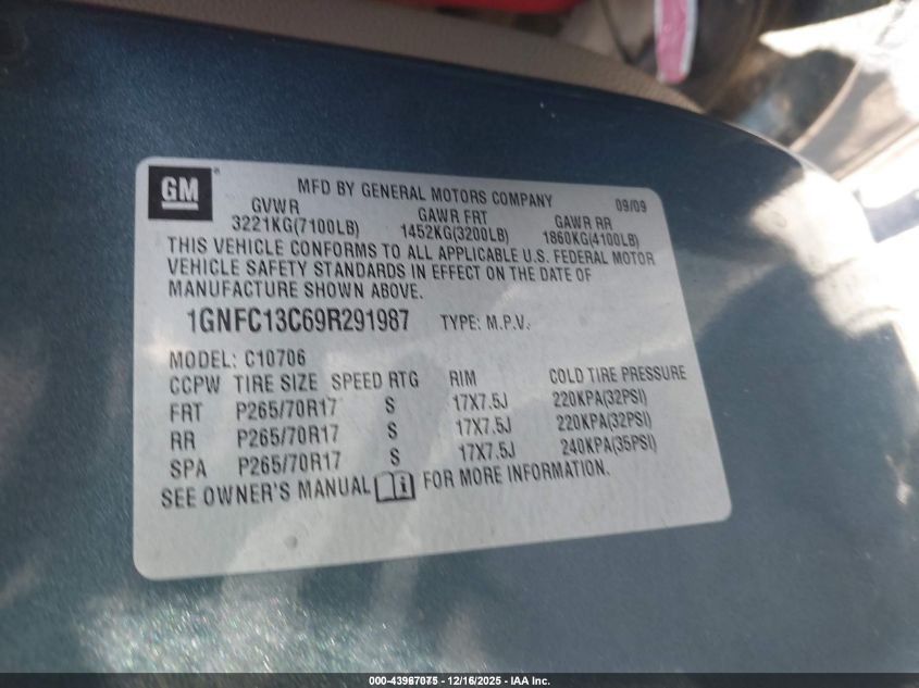 2009 Chevrolet Tahoe Ls VIN: 1GNFC13C69R291987 Lot: 43967075