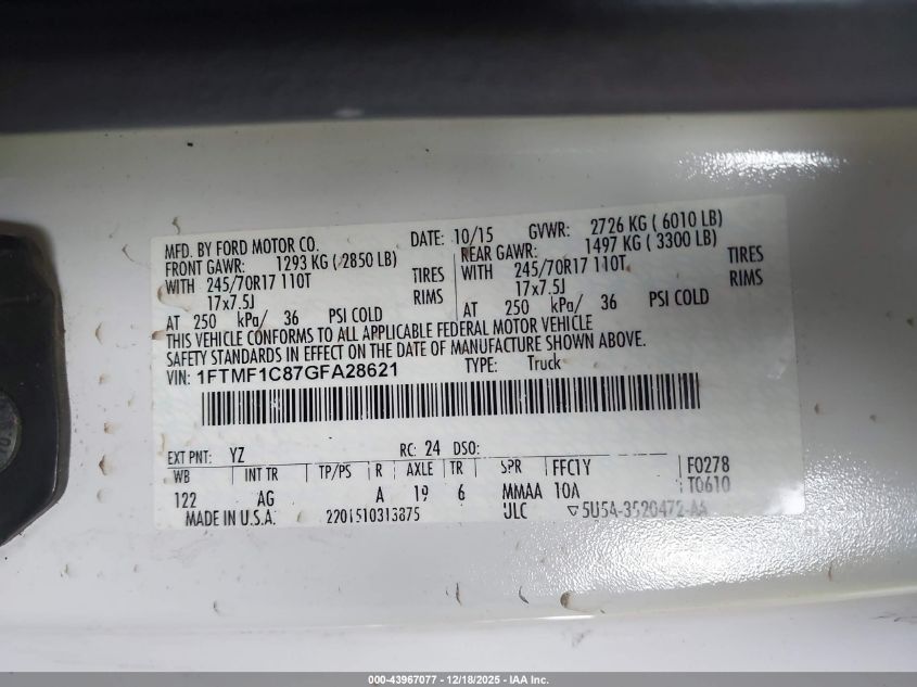 2016 Ford F-150 Xl VIN: 1FTMF1C87GFA28621 Lot: 43967077