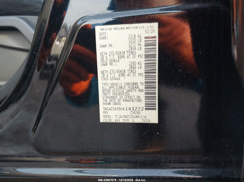 2020 Nissan Murano S Fwd VIN: 5N1AZ2AJ0LN143272 Lot: 43967078