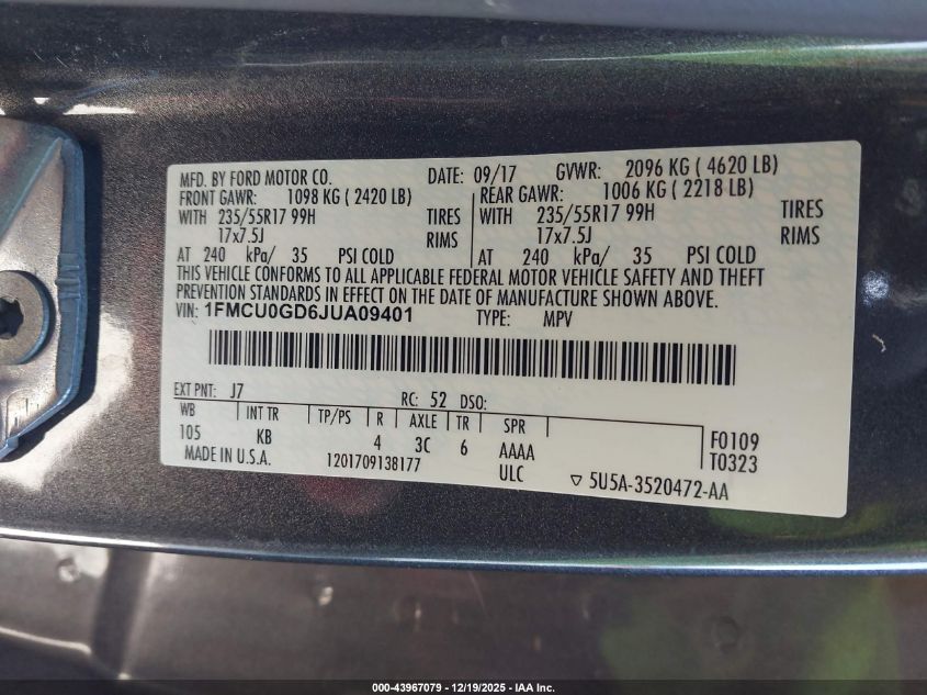 2018 Ford Escape Se VIN: 1FMCU0GD6JUA09401 Lot: 43967079