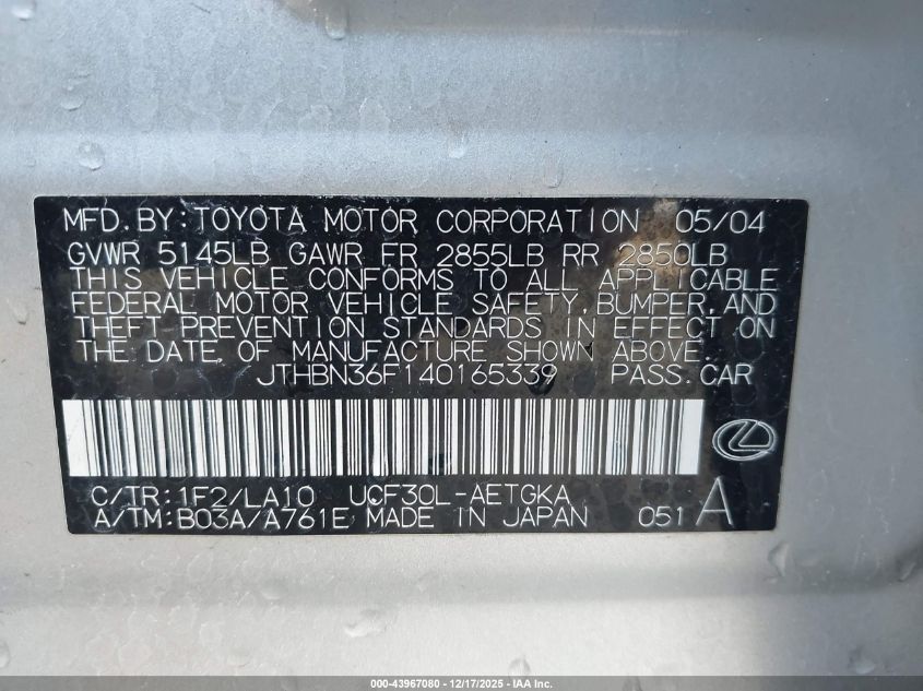 2004 Lexus Ls 430 VIN: JTHBN36F140165339 Lot: 43967080