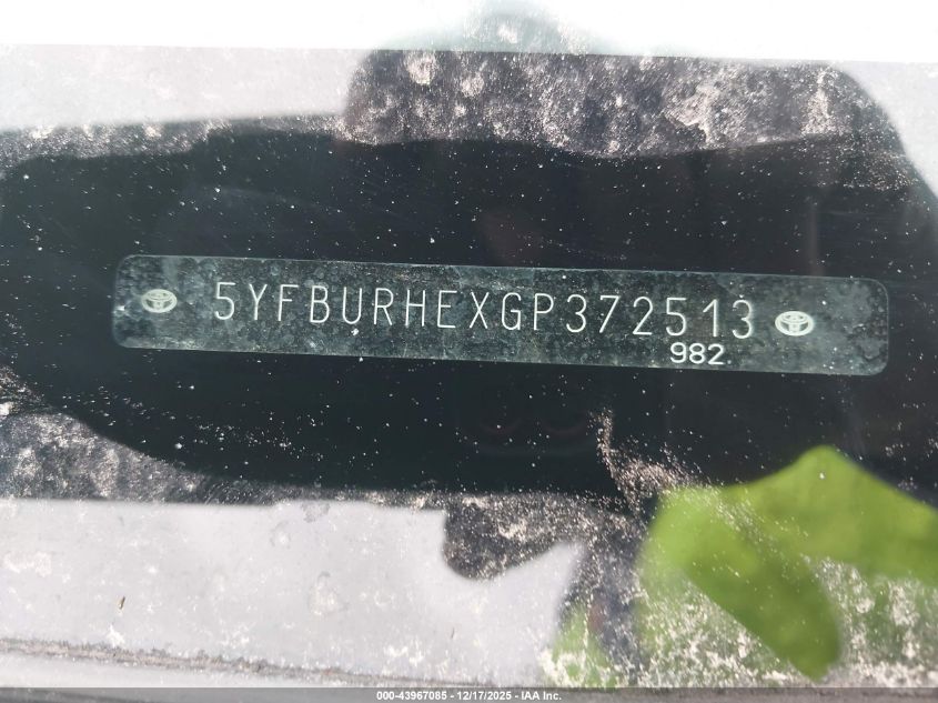 2016 Toyota Corolla S Plus VIN: 5YFBURHEXGP372513 Lot: 43967085