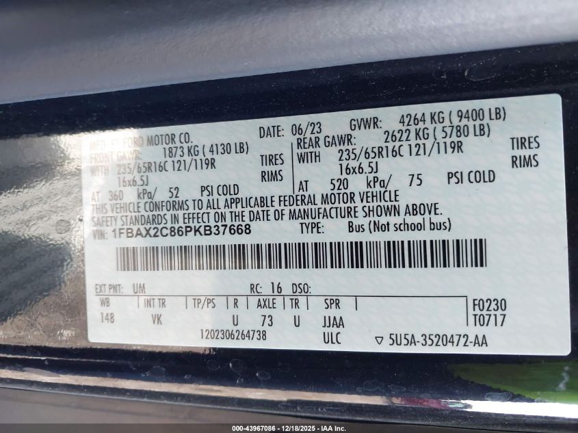 2023 Ford Transit-350 Passenger Van Xl VIN: 1FBAX2C86PKB37668 Lot: 43967086