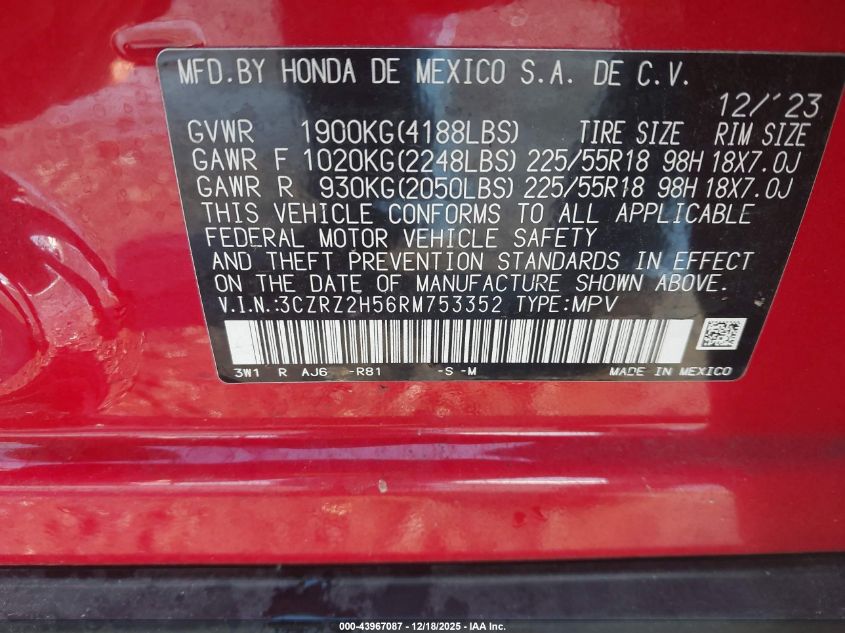 2024 Honda Hr-V Awd Sport/Awd Sport W/O Bsi VIN: 3CZRZ2H56RM753352 Lot: 43967087