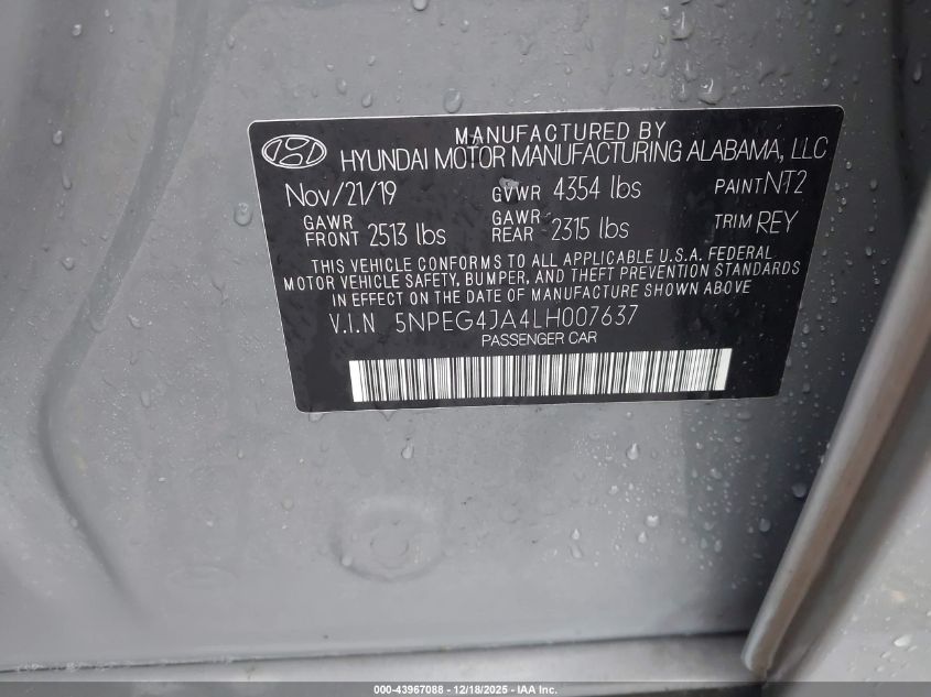 2020 Hyundai Sonata Se VIN: 5NPEG4JA4LH007637 Lot: 43967088