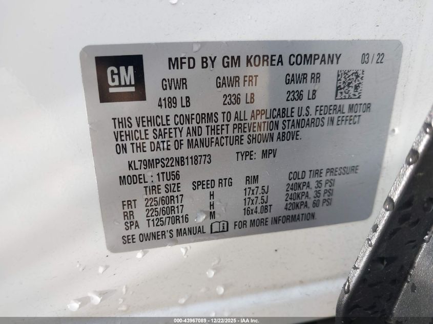 2022 Chevrolet Trailblazer Fwd Lt VIN: KL79MPS22NB118773 Lot: 43967089