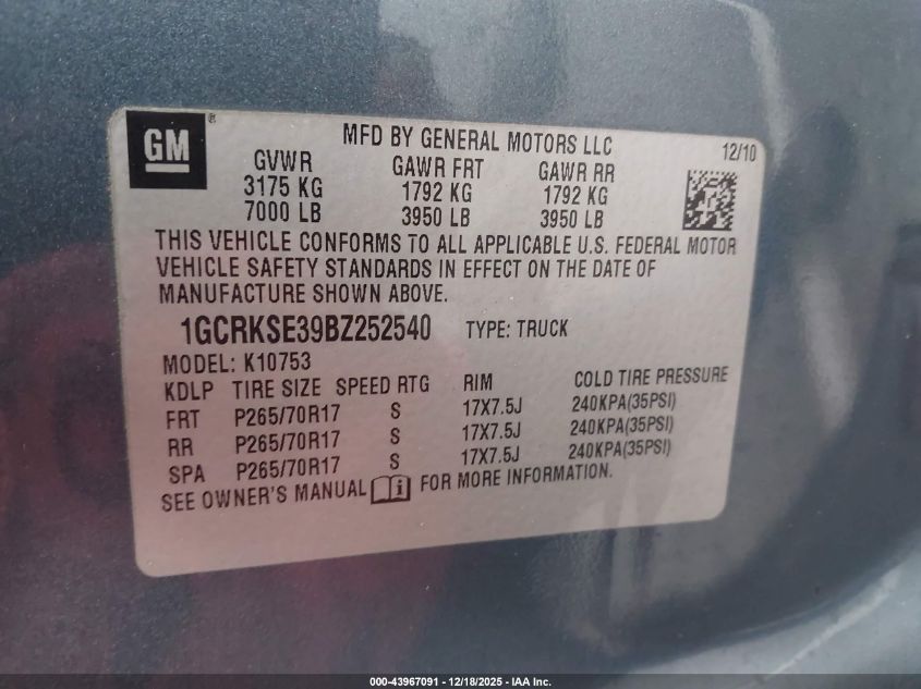 2011 Chevrolet Silverado 1500 Lt VIN: 1GCRKSE39BZ252540 Lot: 43967091