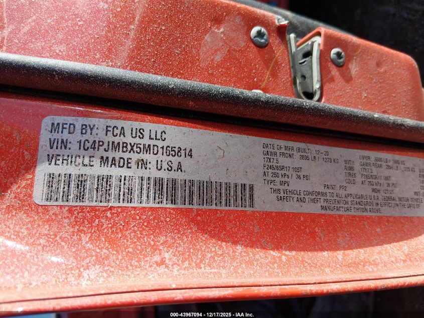 2021 Jeep Cherokee Trailhawk 4X4 VIN: 1C4PJMBX5MD165814 Lot: 43967094